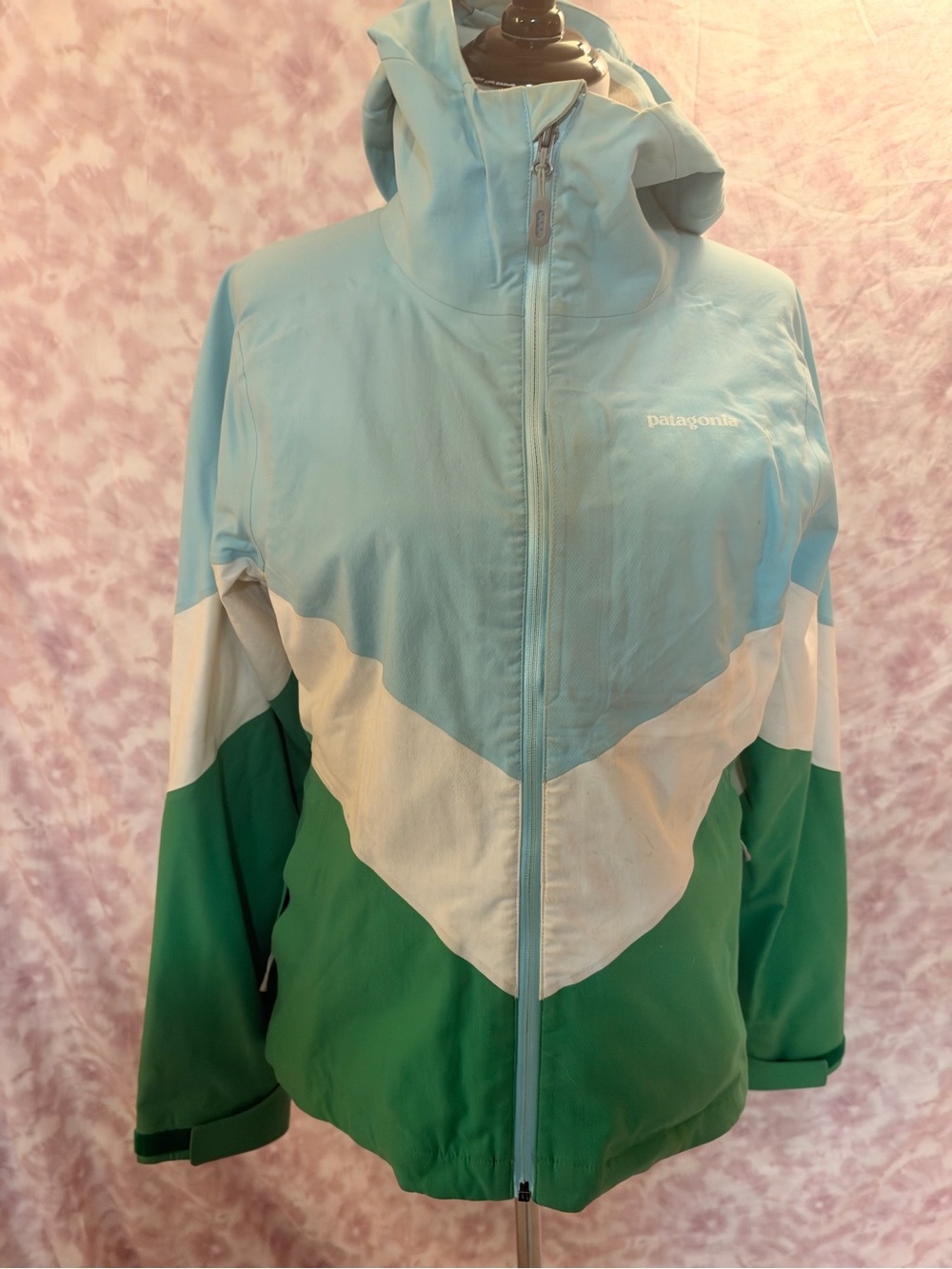 Patagonia Women's Chevron Hooded Ski Jacket in Light Blue/White/Green